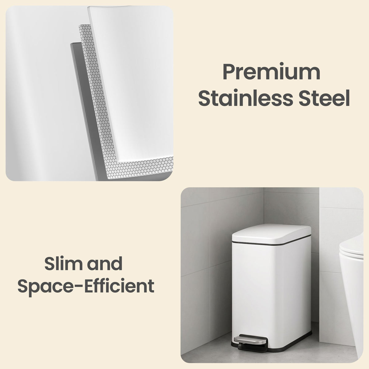 Bathroom Pedal Bin, Soft Close Steel Bin, Slim Design for Bathroom, 10L Capacity, White - image 8