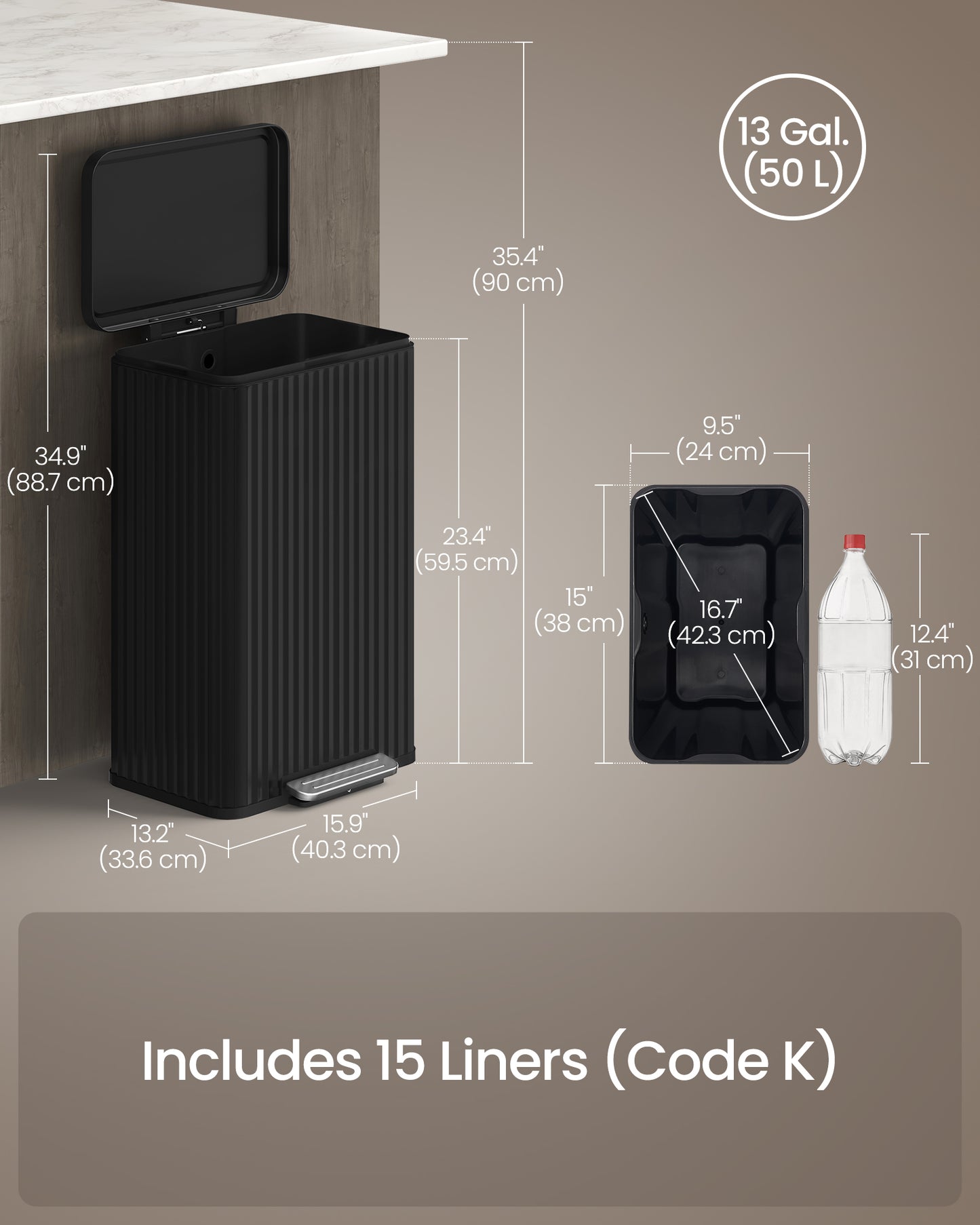 Trash Can, 13 Gallon (50 L) Garbage Can for Kitchen - HWLEXTRA 