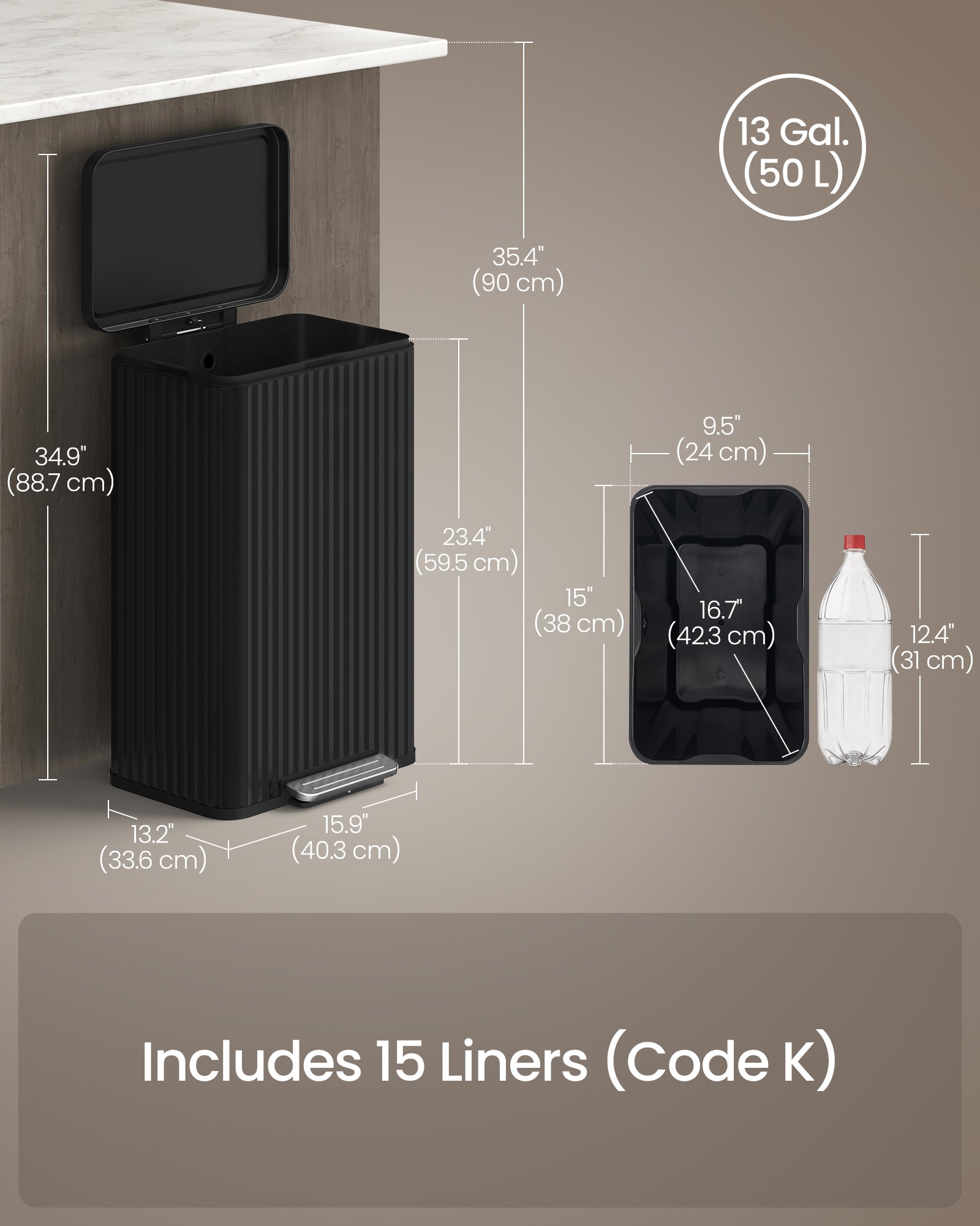 Trash Can, 13 Gallon (50 L) Garbage Can for Kitchen - HWLEXTRA 