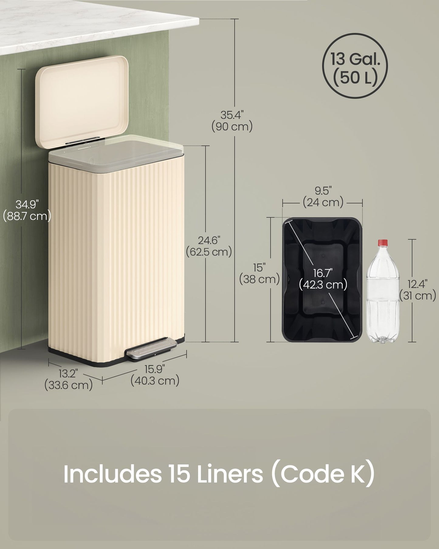 Trash Can, 13 Gallon (50 L) Garbage Can for Kitchen - HWLEXTRA 