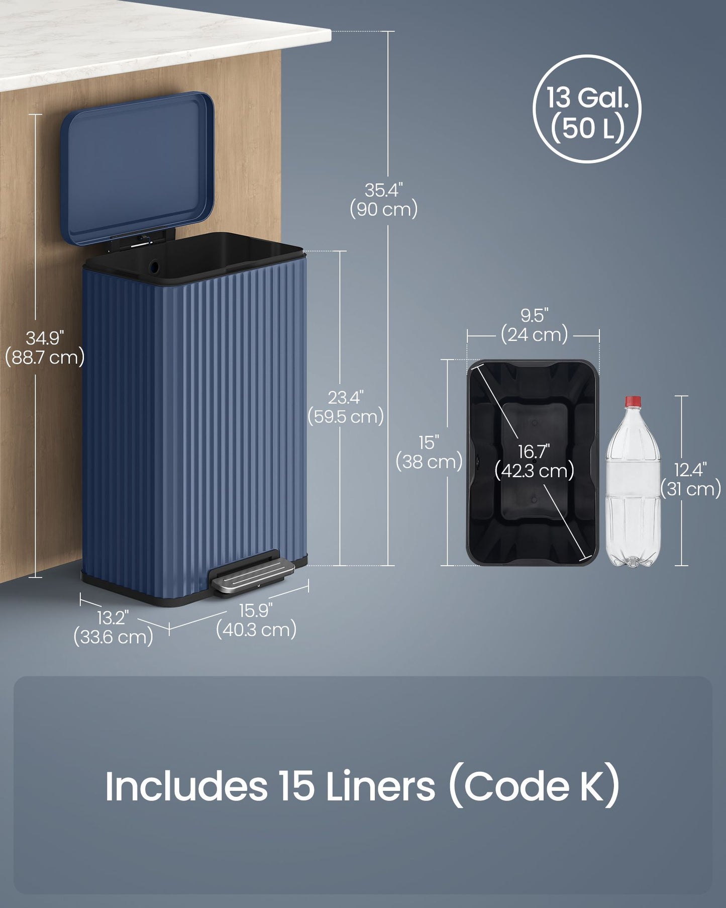 Trash Can, 13 Gallon (50 L) Garbage Can for Kitchen