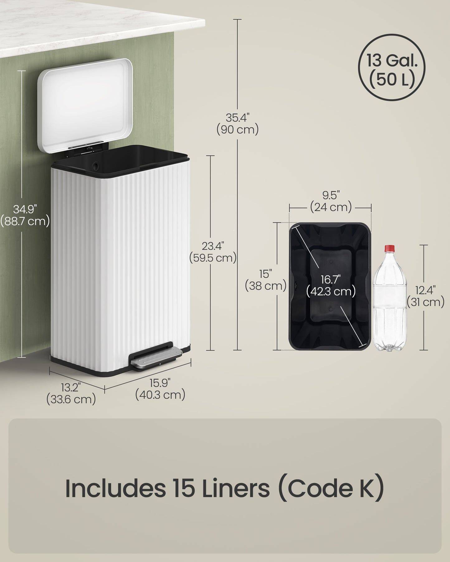 Trash Can, 13 Gallon (50 L) Garbage Can for Kitchen