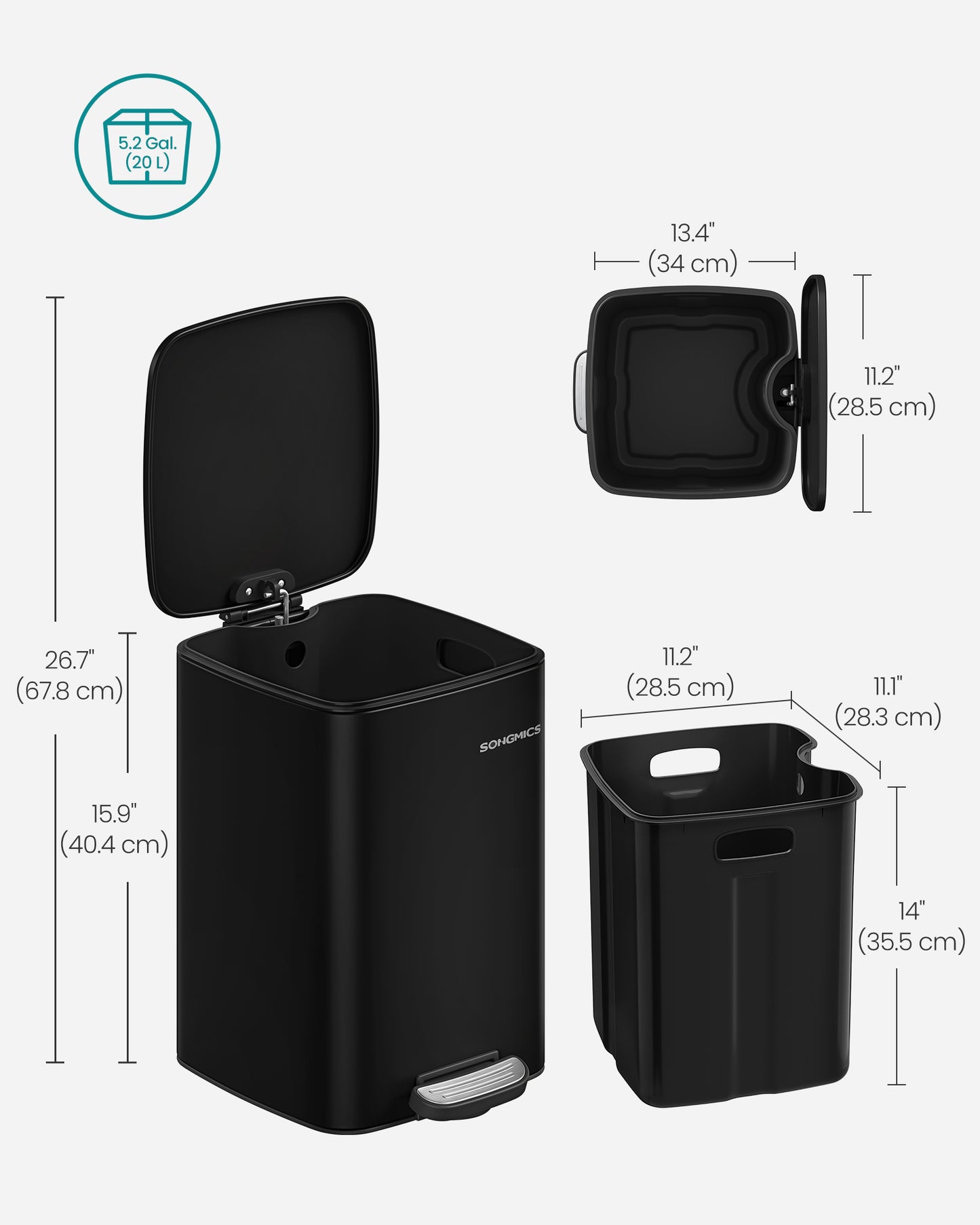 Stainless Trash Can 5.2-Gallon (20 L) with Inner Bucket