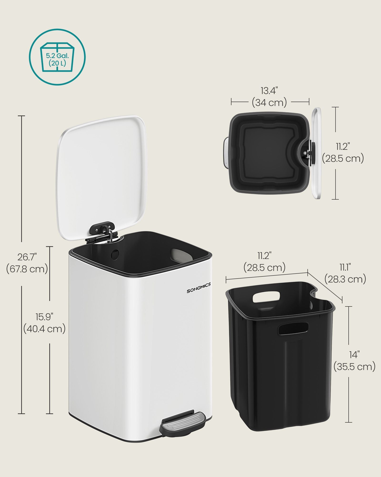 Stainless Steel Trash Can 5.2-Gallon (20 L) with Inner Bucket - HWLEXTRA 