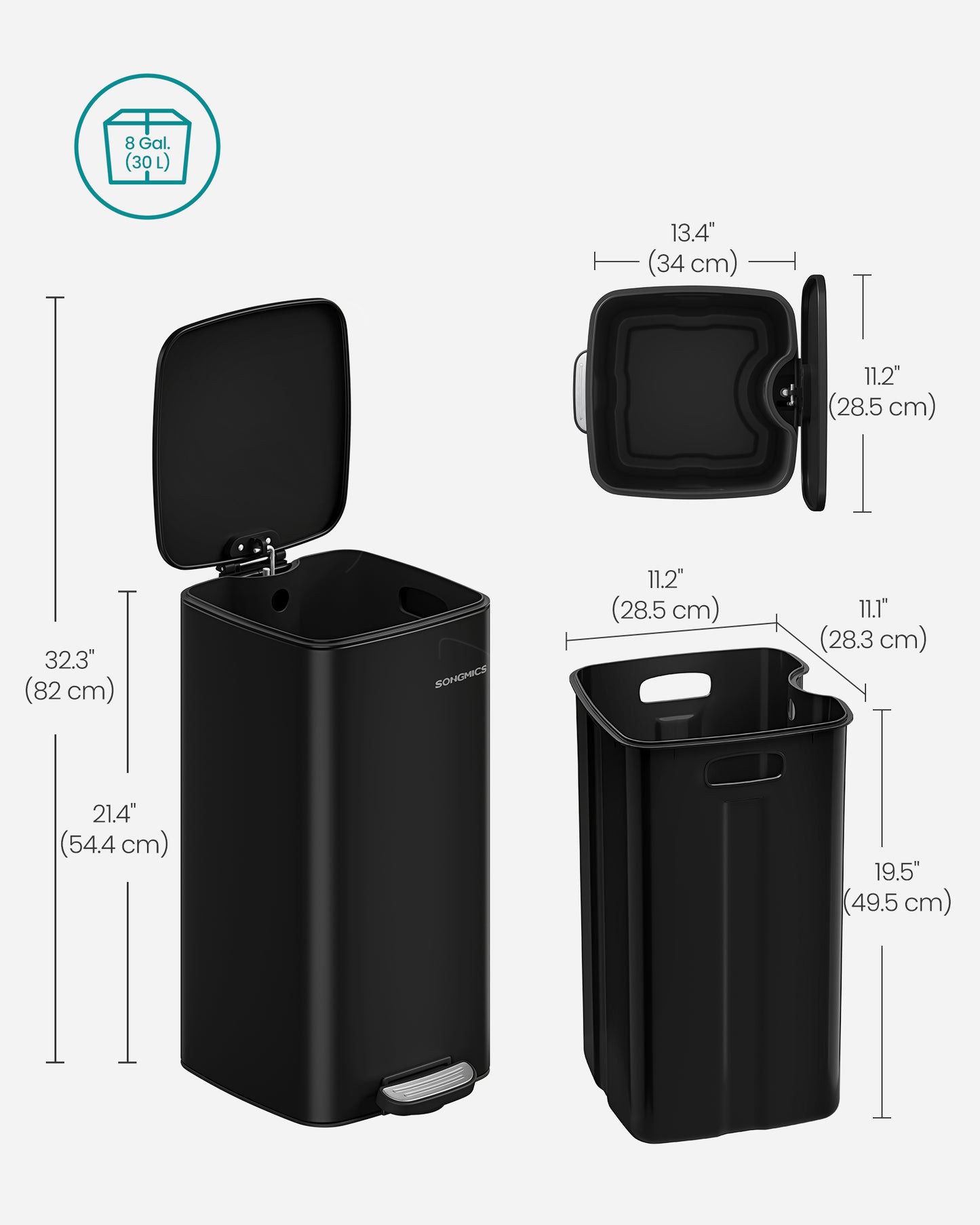 Stainless Steel Trash Can 8-Gallon (30 L) with Inner Bucket