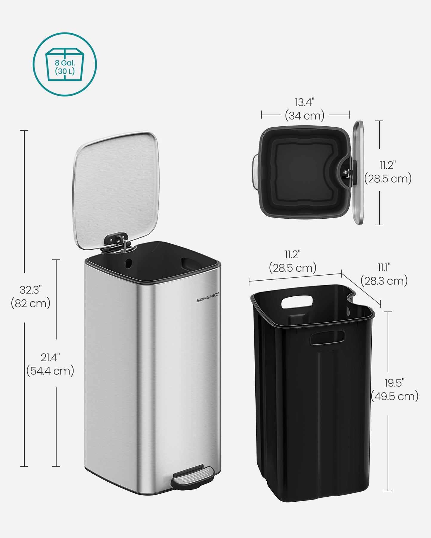 Stainless Steel Trash Can 8-Gallon (30 L) with Inner Bucket