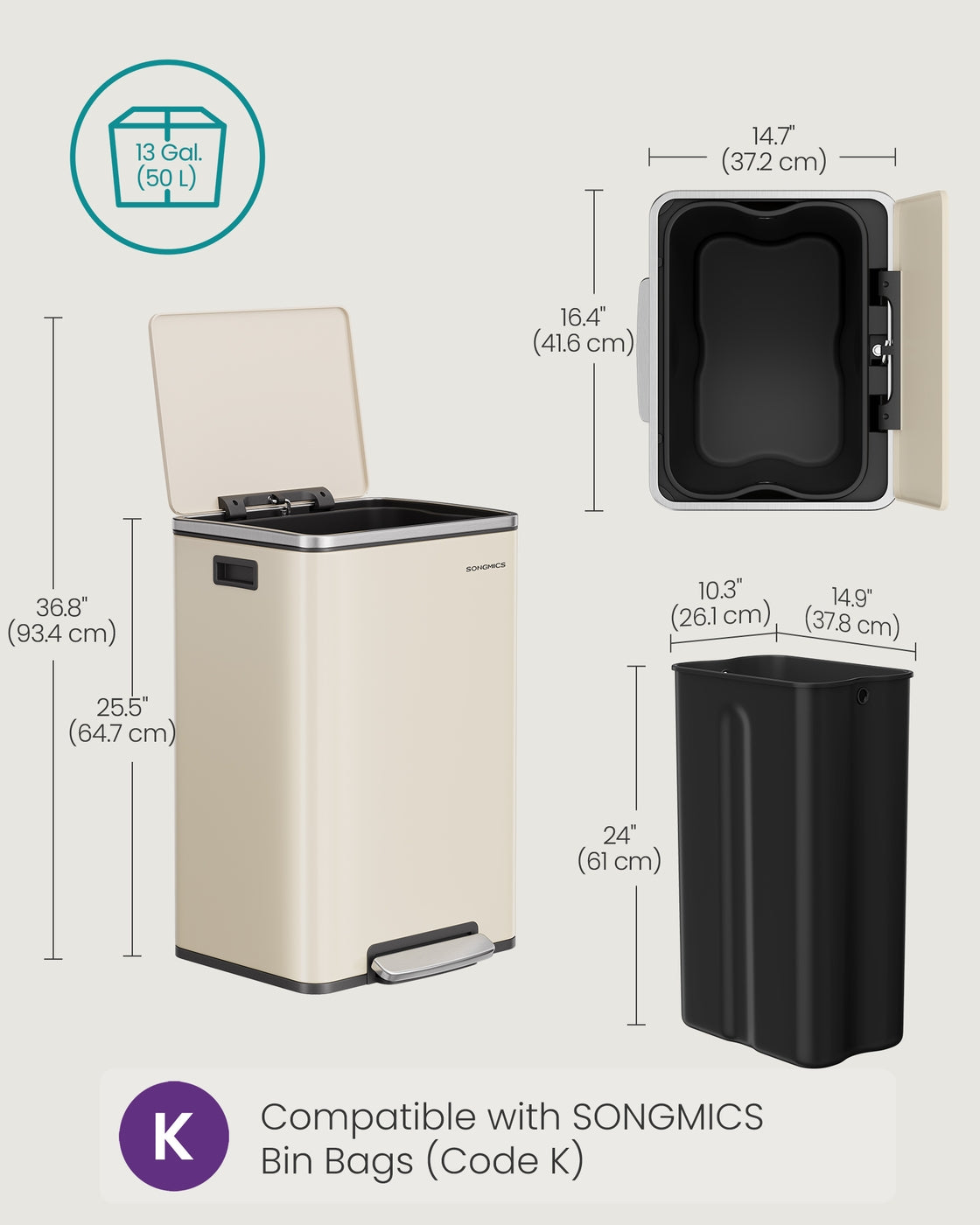 Kitchen Bin 50 L with 15 Bin Bags Stainless Steel Ink Black - image 30
