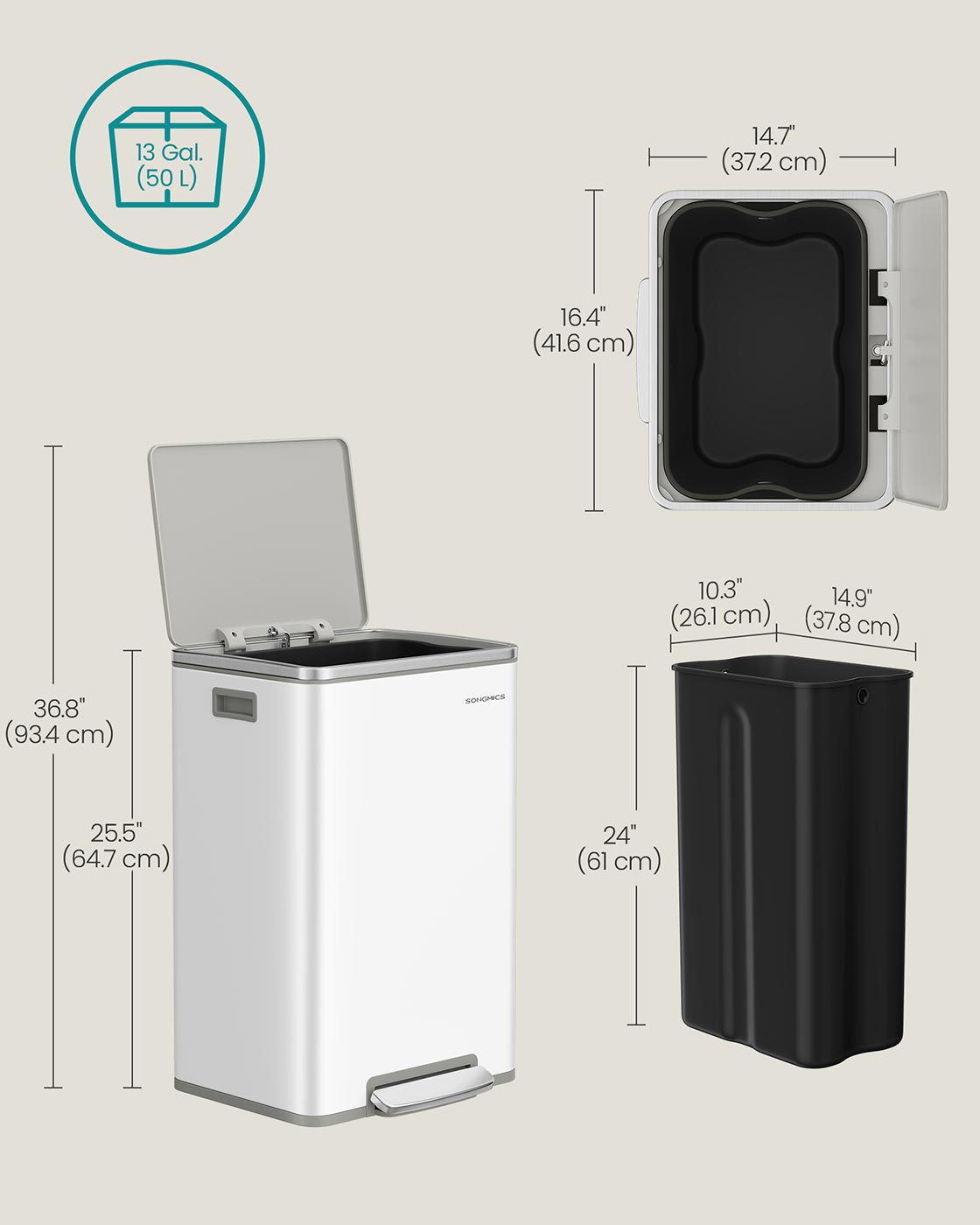Kitchen Bin 50 L with 15 Bin Bags Stainless Steel Ink Black - image 24