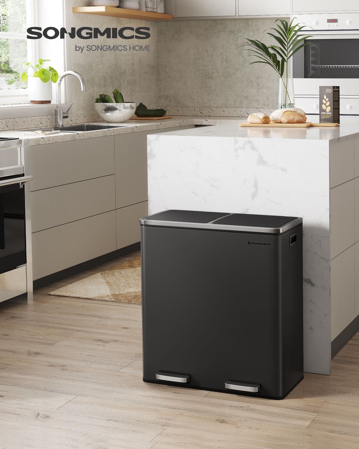 Trash Can with 2 Compartments, 2 x 8-Gallon Double GarbageCan, Trash Bin with Lids - HWLEXTRA 