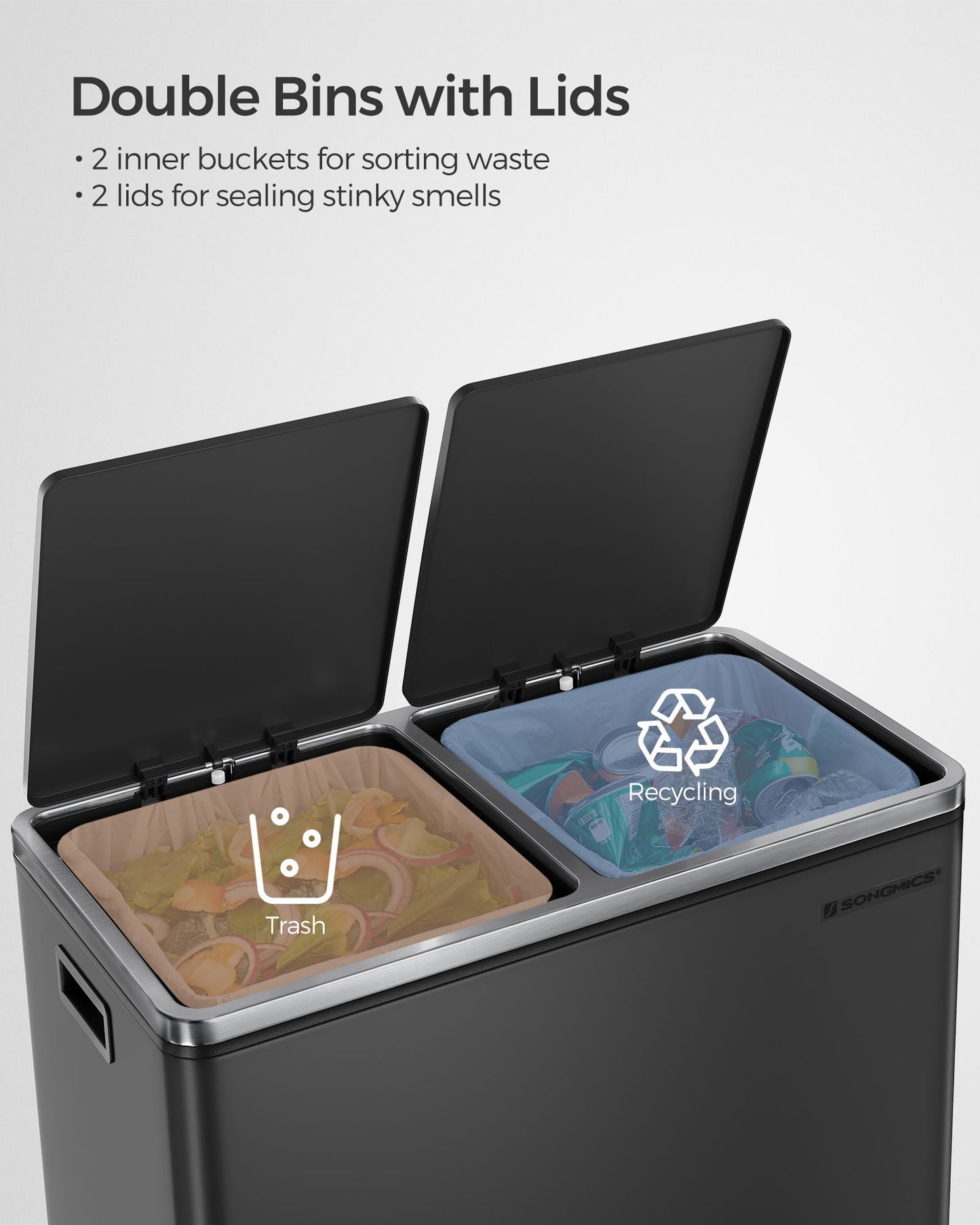 Trash Can with 2 Compartments, 2 x 8-Gallon Double GarbageCan, Trash Bin with Lids - HWLEXTRA 