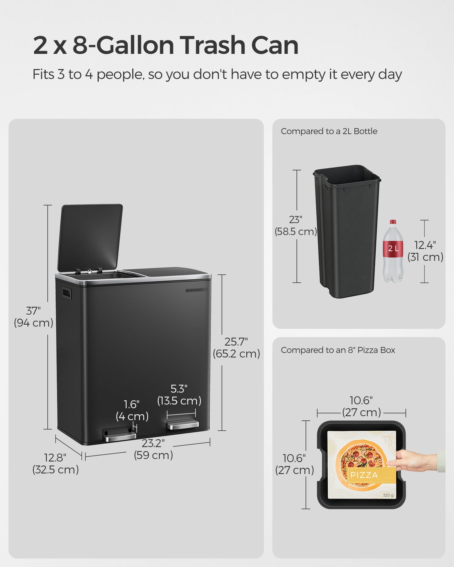 Trash Can with 2 Compartments, 2 x 8-Gallon Double GarbageCan, Trash Bin with Lids - HWLEXTRA 