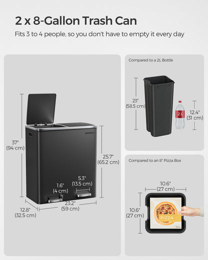 Trash Can with 2 Compartments, 2 x 8-Gallon Double GarbageCan, Trash Bin with Lids - HWLEXTRA 