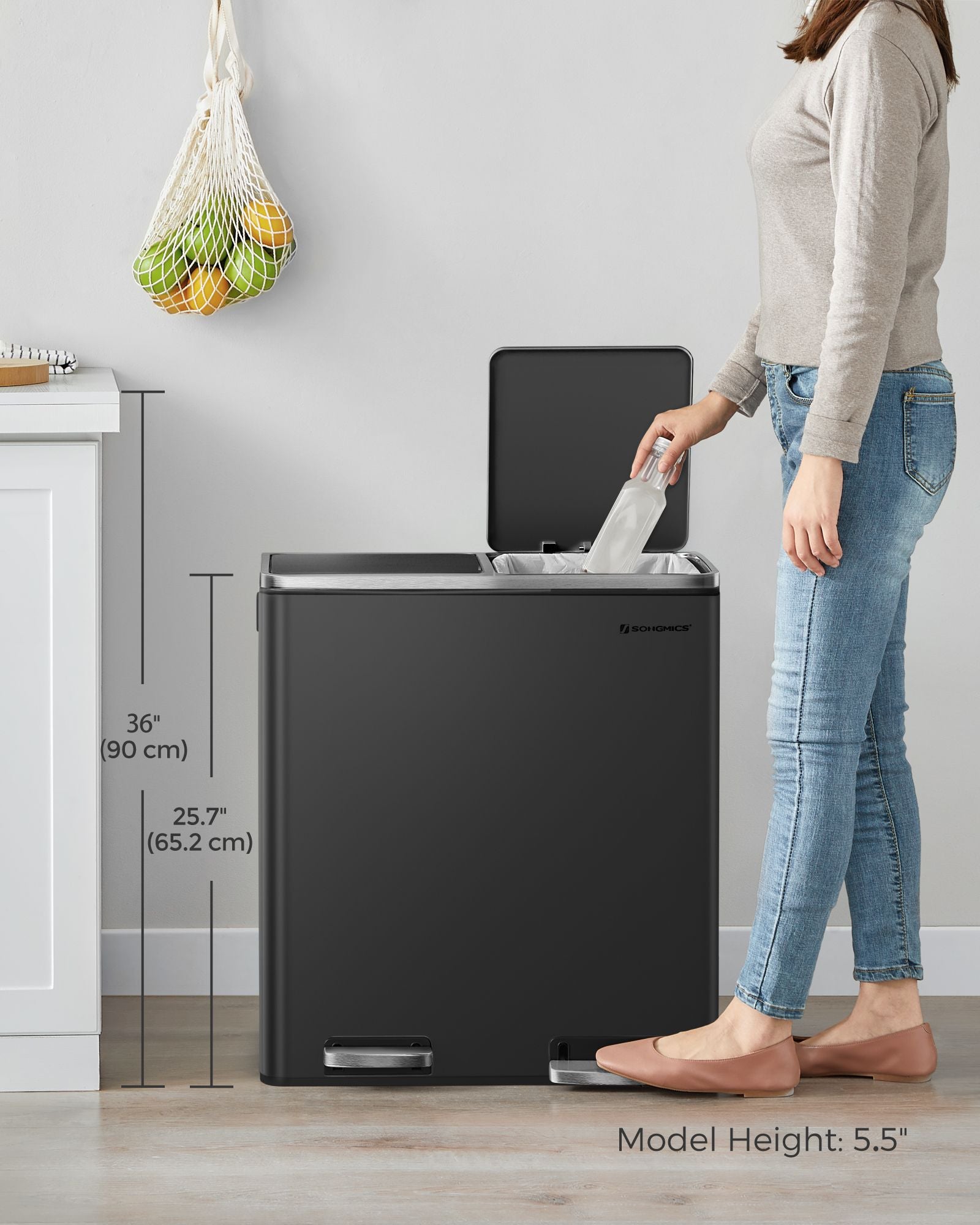 Trash Can with 2 Compartments, 2 x 8-Gallon Double GarbageCan, Trash Bin with Lids - HWLEXTRA 