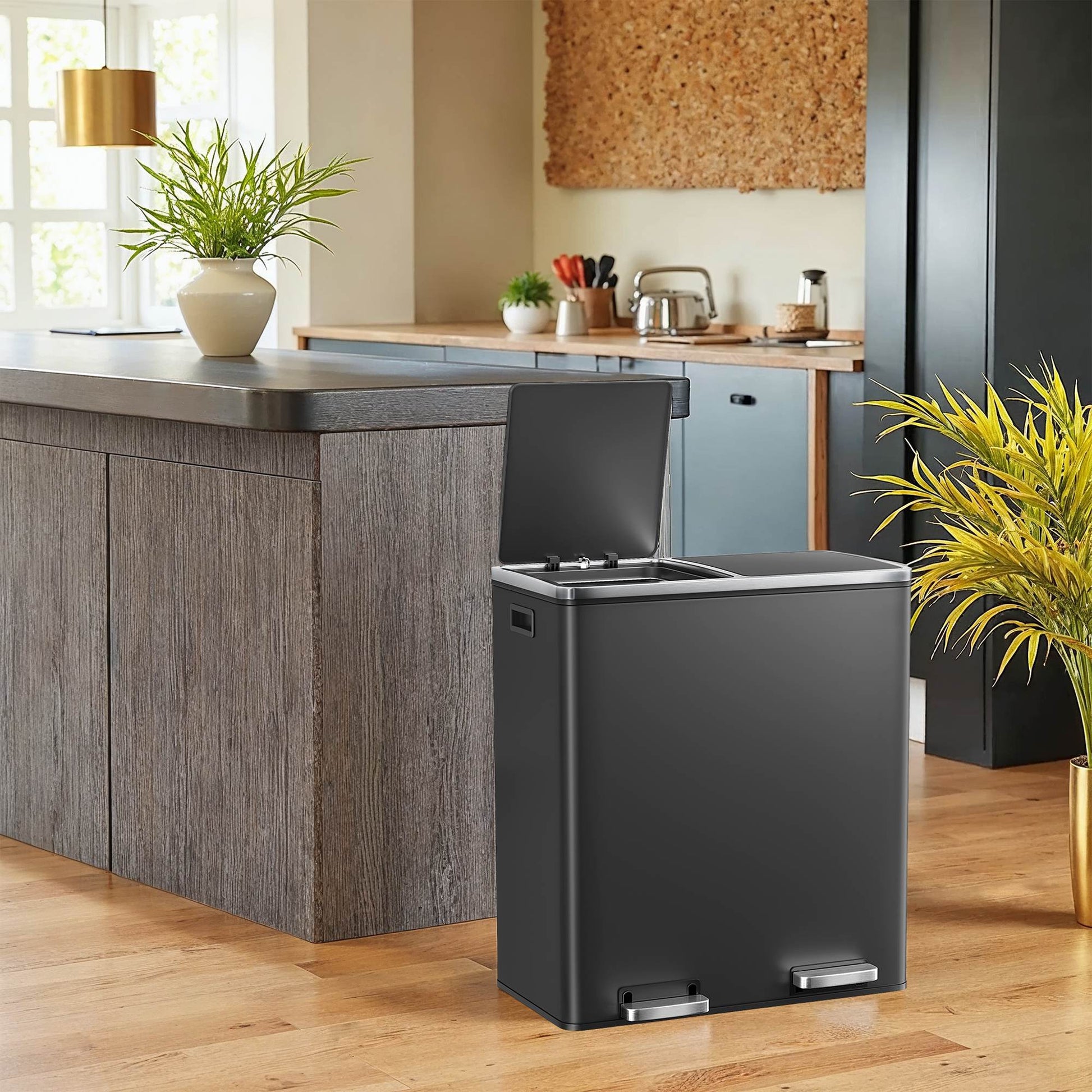 Trash Can with 2 Compartments, 2 x 8-Gallon Double GarbageCan, Trash Bin with Lids - HWLEXTRA 