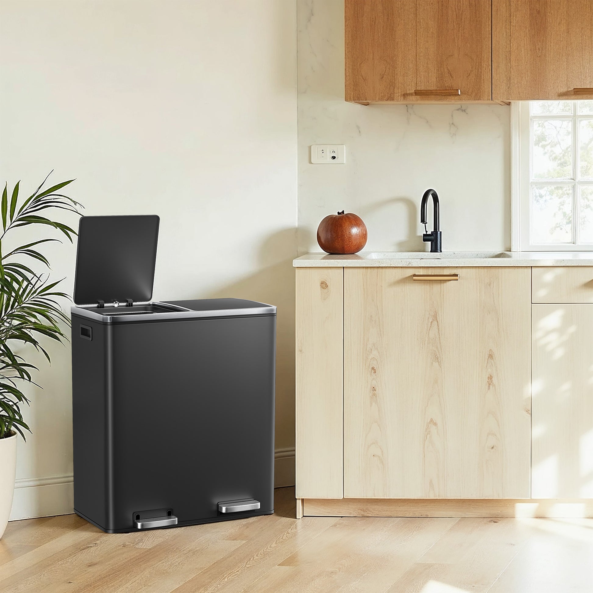 Trash Can with 2 Compartments, 2 x 8-Gallon Double GarbageCan, Trash Bin with Lids - HWLEXTRA 