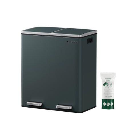 Garbage Can, 16 Gal (60L) Rubbish Bin and 15 Trash Bags, with Dual Compartments, Plastic Inner Buckets, 2 x 30L, Gray