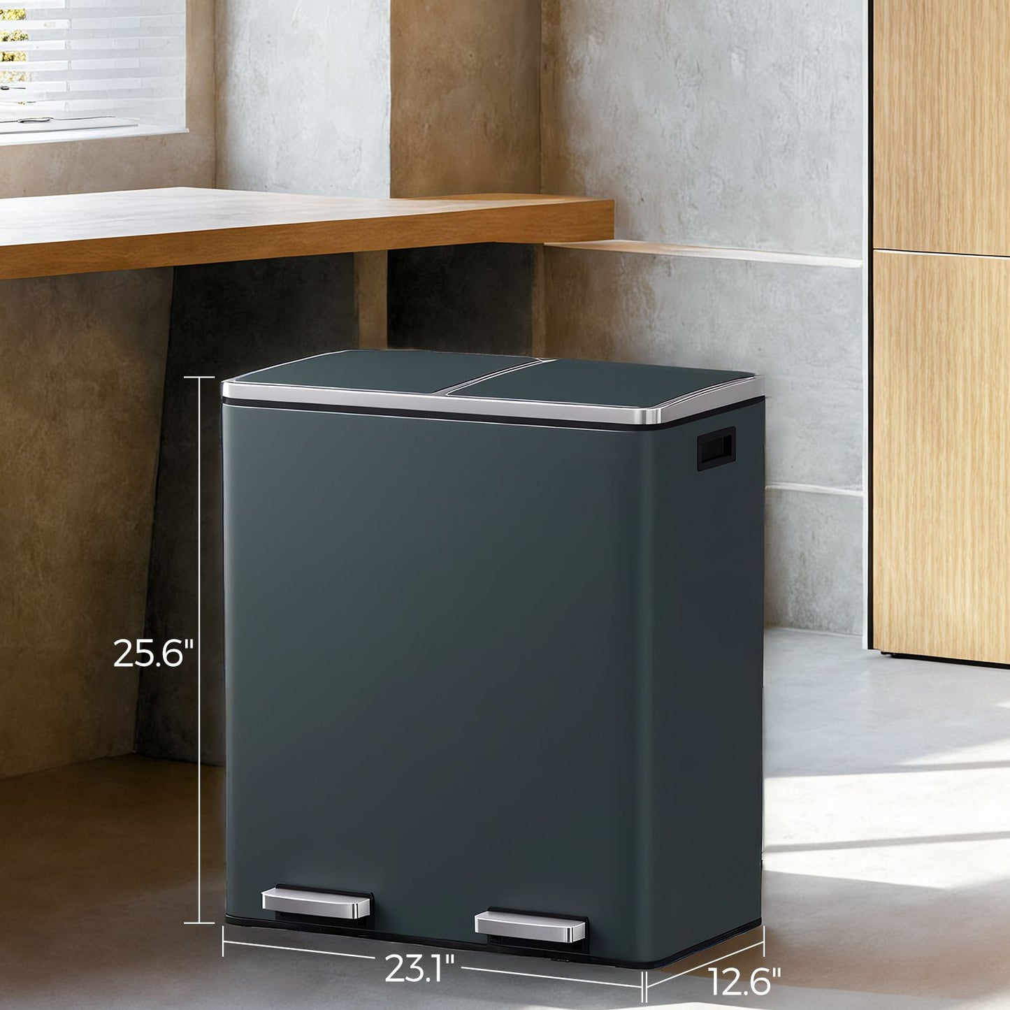 Trash Can with 2 Compartments, 2 x 8-Gallon Double GarbageCan, Trash Bin with Lids - HWLEXTRA 