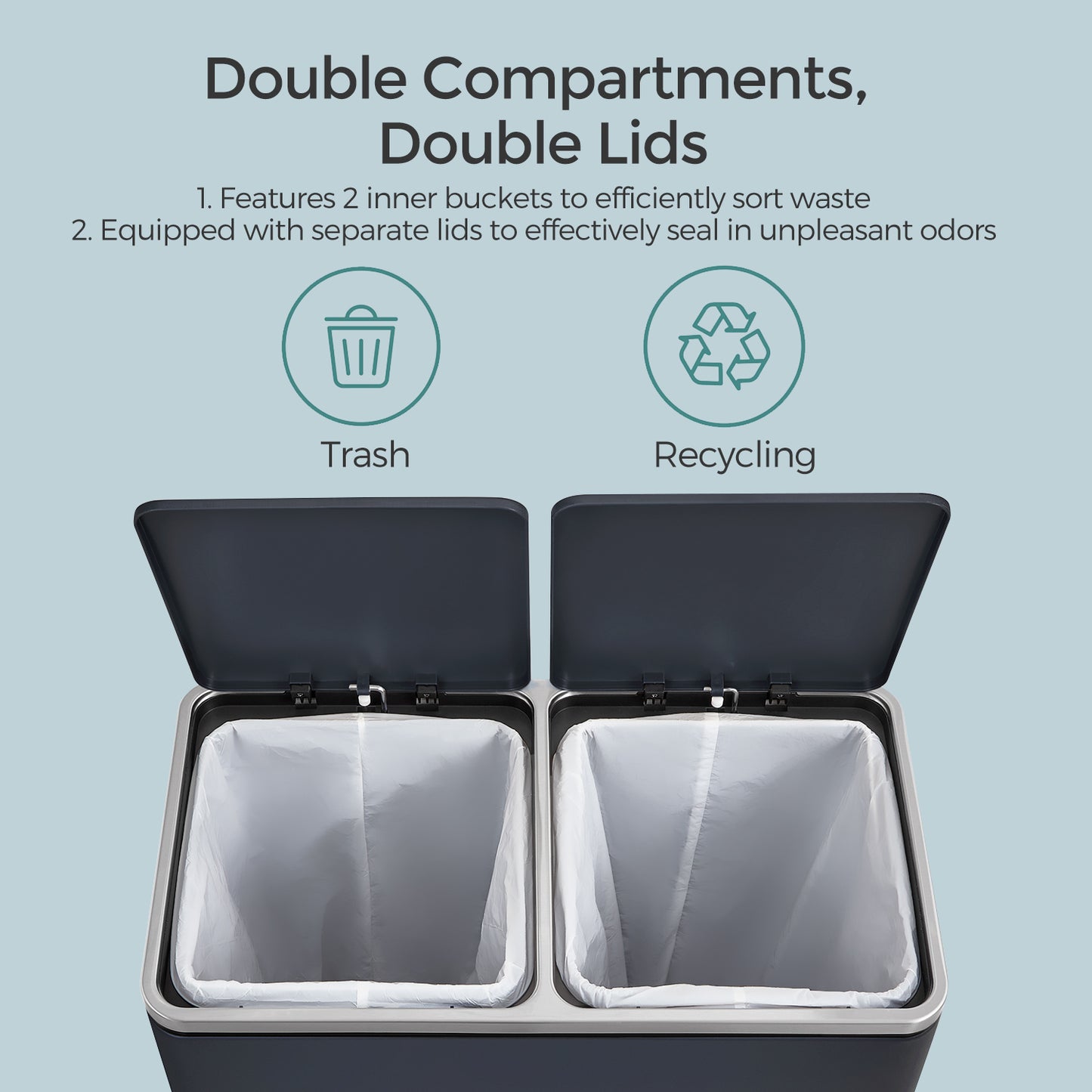 Trash Can with 2 Compartments, 2 x 8-Gallon Double GarbageCan, Trash Bin with Lids - HWLEXTRA 
