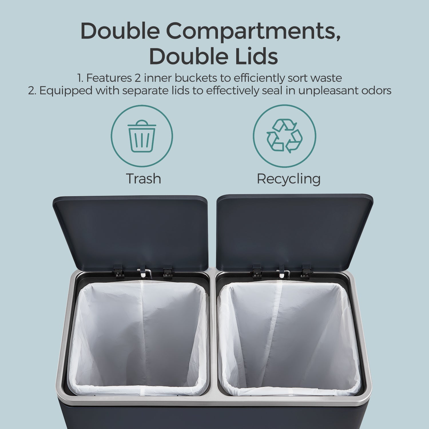 Trash Can with 2 Compartments, 2 x 8-Gallon Double GarbageCan, Trash Bin with Lids - HWLEXTRA 