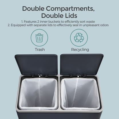 Trash Can with 2 Compartments, 2 x 8-Gallon Double GarbageCan, Trash Bin with Lids - HWLEXTRA 