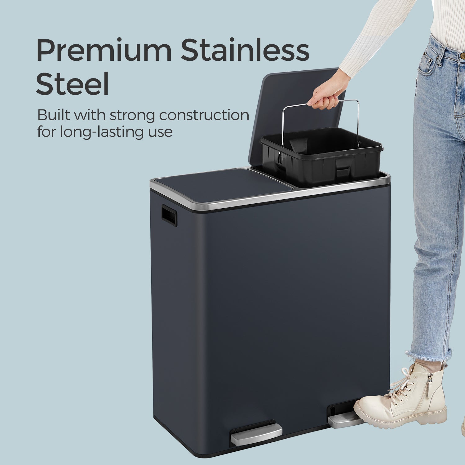 Trash Can with 2 Compartments, 2 x 8-Gallon Double GarbageCan, Trash Bin with Lids - HWLEXTRA 