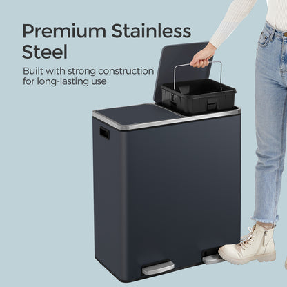 Trash Can with 2 Compartments, 2 x 8-Gallon Double GarbageCan, Trash Bin with Lids - HWLEXTRA 