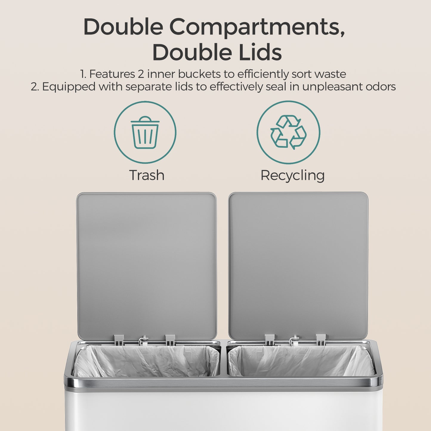 Trash Can with 2 Compartments, 2 x 8-Gallon Double GarbageCan, Trash Bin with Lids - HWLEXTRA 