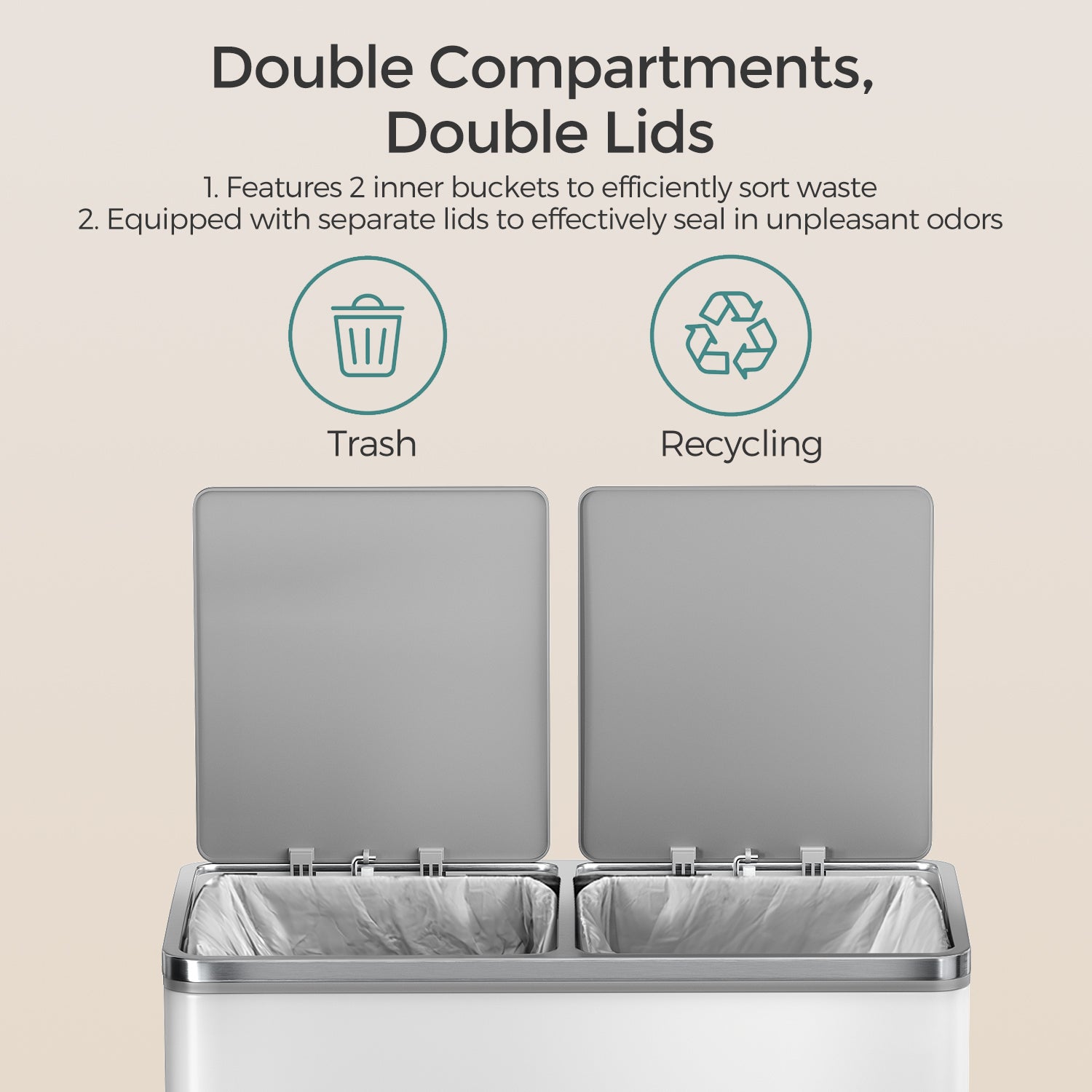 Trash Can with 2 Compartments, 2 x 8-Gallon Double GarbageCan, Trash Bin with Lids - HWLEXTRA 
