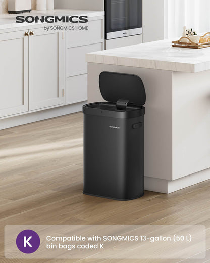 13-Gallon Motion Sensor Trash Can, Soft Close, Dual Open, Stainless Steel, Ink Black