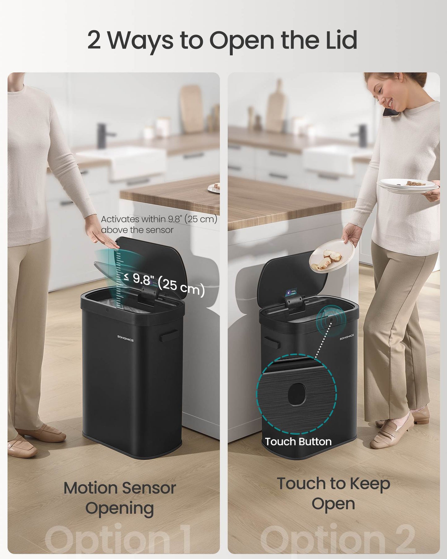 13-Gallon Motion Sensor Trash Can, Soft Close, Dual Open, Stainless Steel, Ink Black