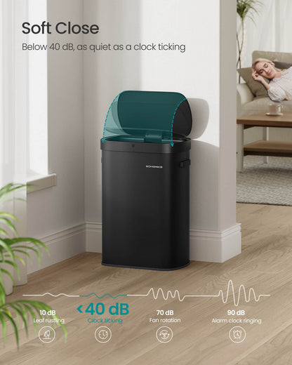 13-Gallon Motion Sensor Trash Can, Soft Close, Dual Open, Stainless Steel, Ink Black