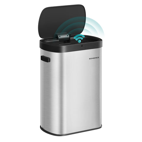 13-Gallon Motion Sensor Trash Can, Stainless Steel, Soft Close, Dual Open, Silver & Black