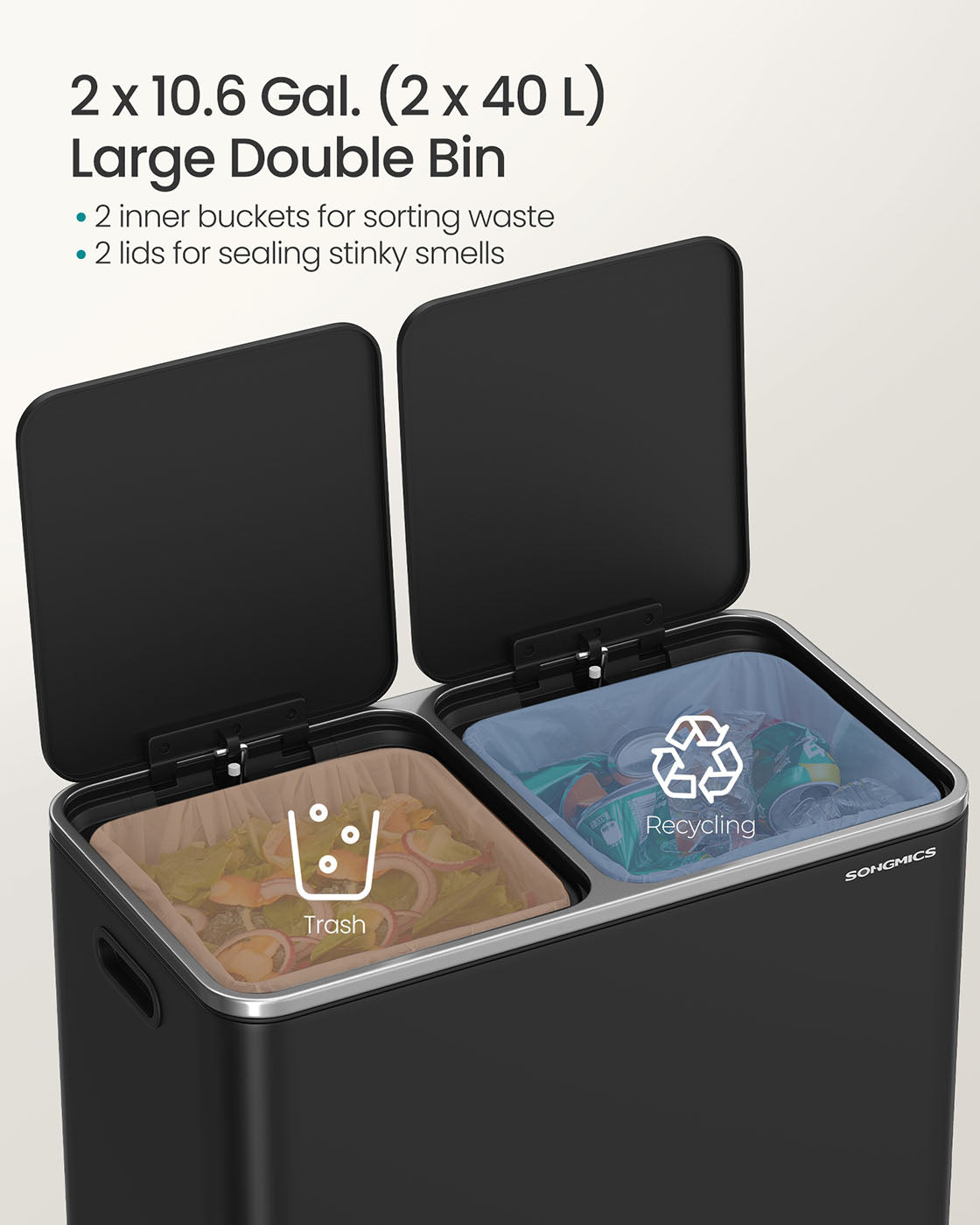 2 x 10.6 Gallon (2 x 40 L) Trash Can for Kitchen - HWLEXTRA 
