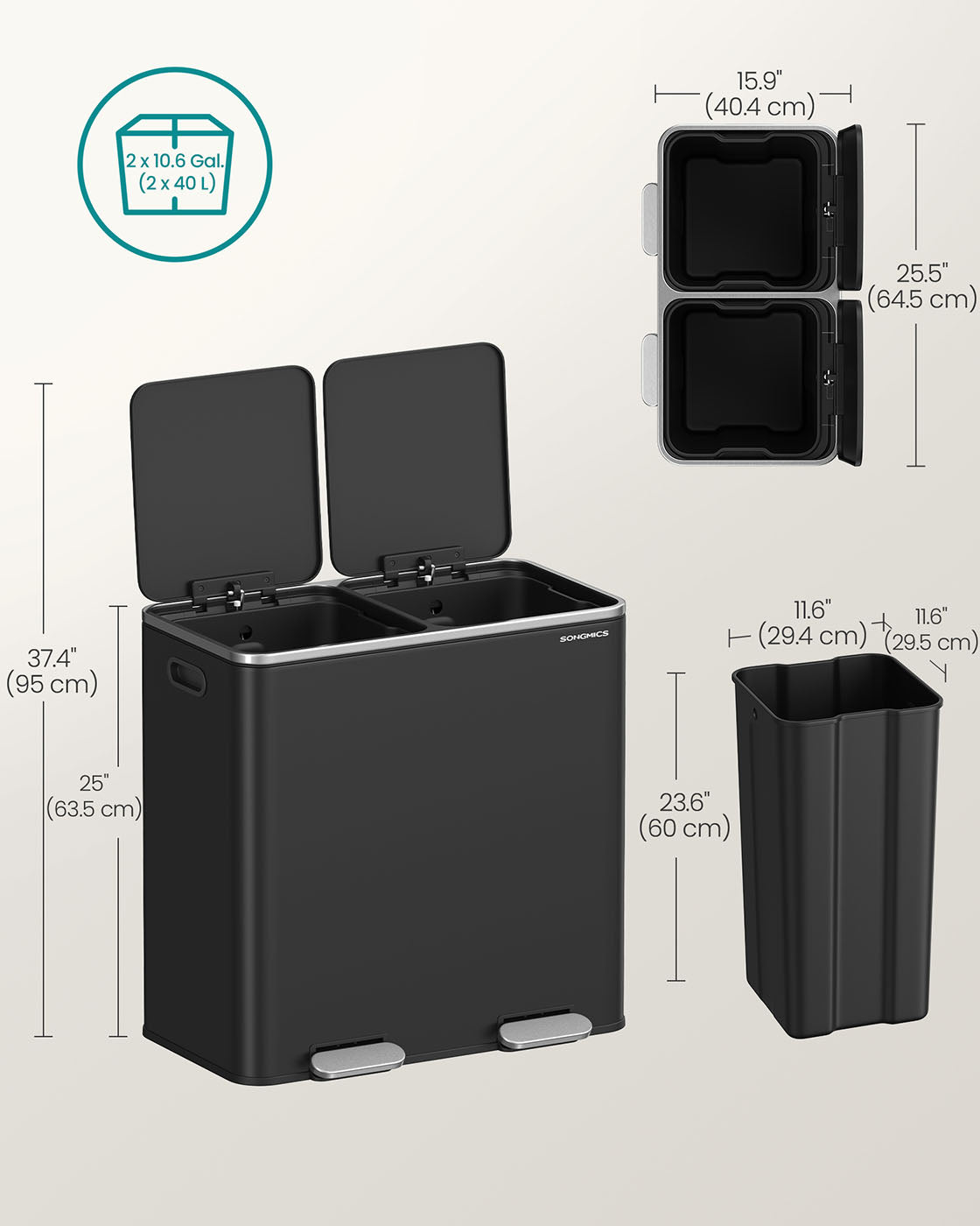 2 x 10.6 Gallon (2 x 40 L) Trash Can for Kitchen - HWLEXTRA 