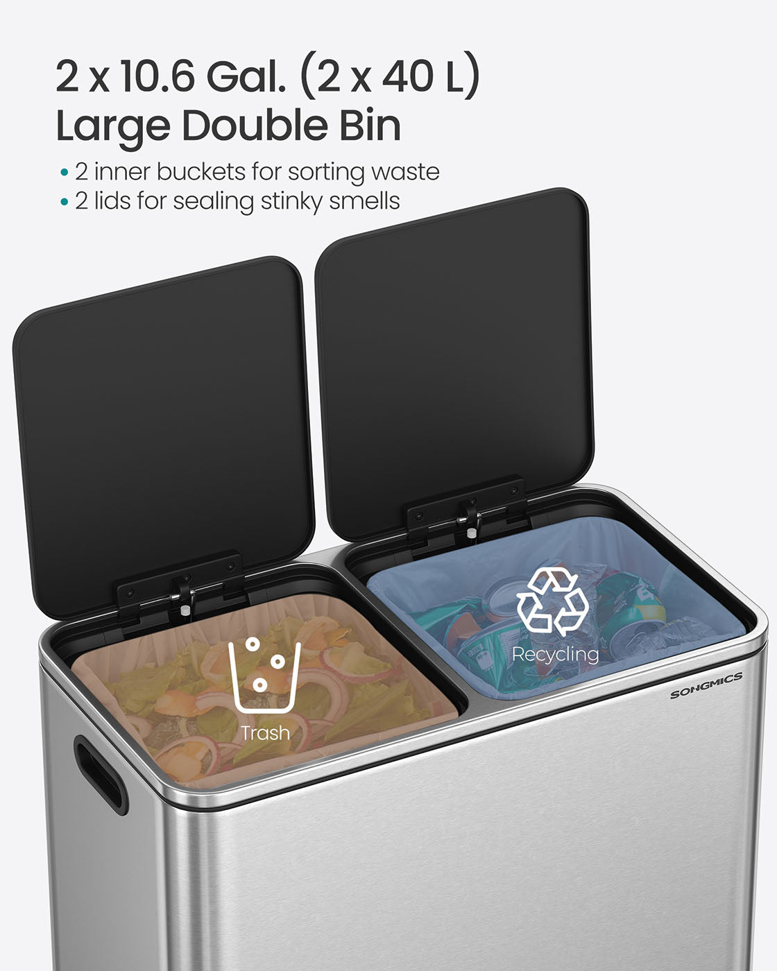 2 x 10.6 Gallon (2 x 40 L) Trash Can for Kitchen - HWLEXTRA 