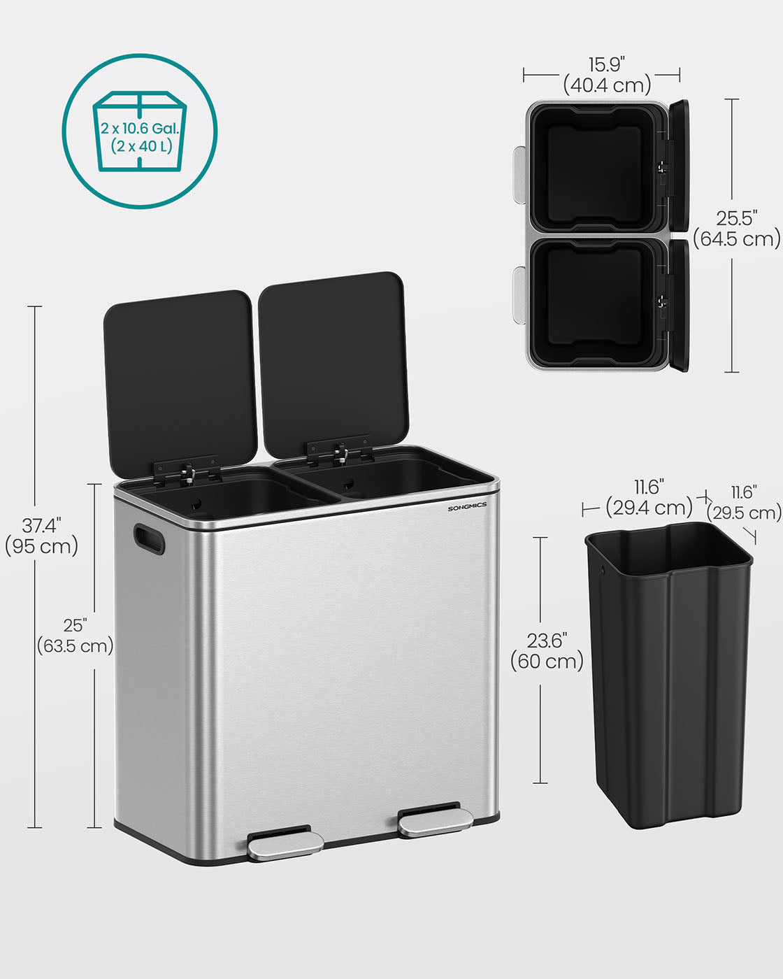 2 x 10.6 Gallon (2 x 40 L) Trash Can for Kitchen - HWLEXTRA 