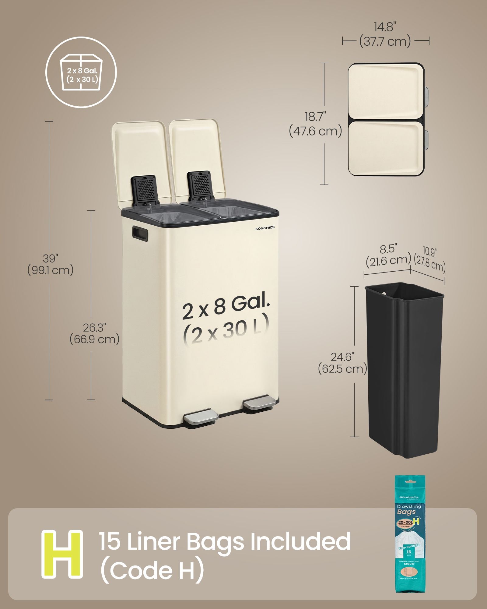 60L Dual Compartment Pedal Bin with Soft-Close Lid, 2 x 30L, Black - image 37