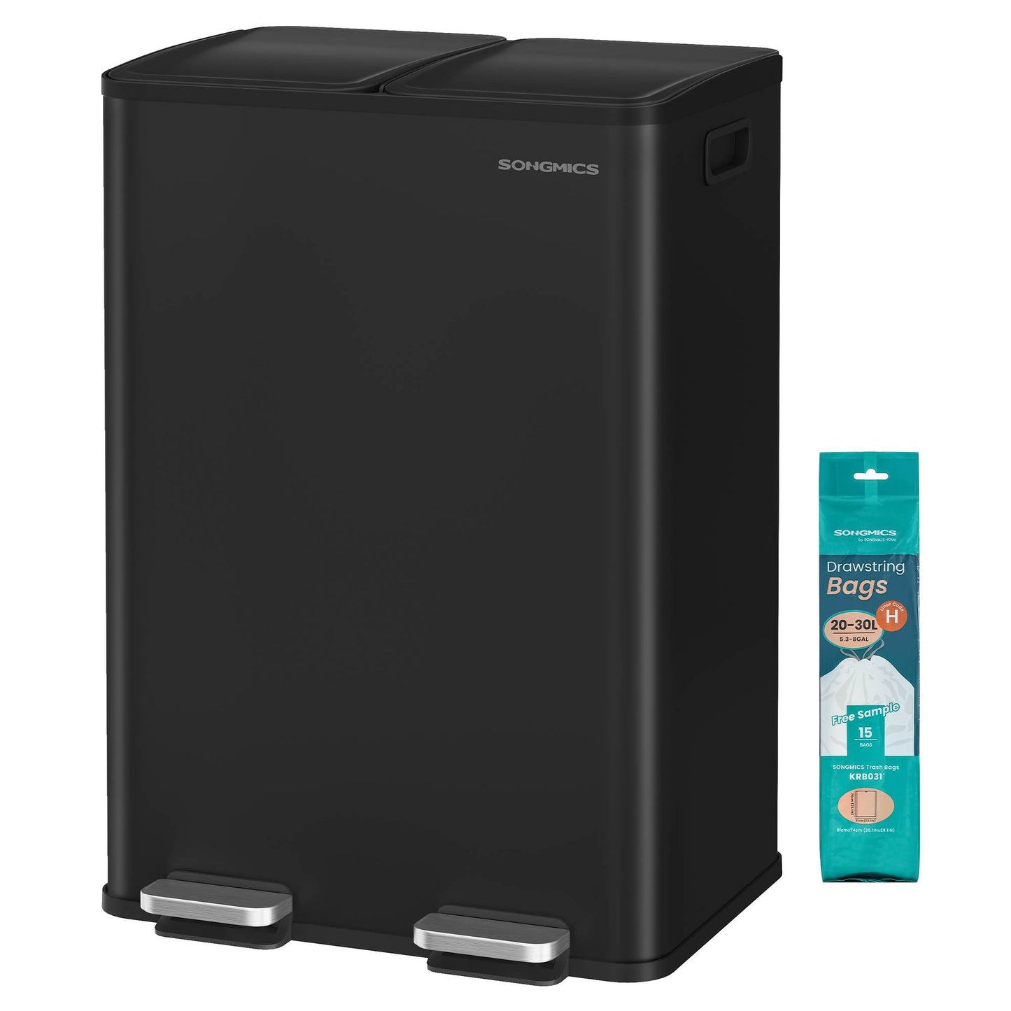 230L Dual Compartment Trash Can, Soft-Close, Pedal, Removable Buckets, Stainless Steel