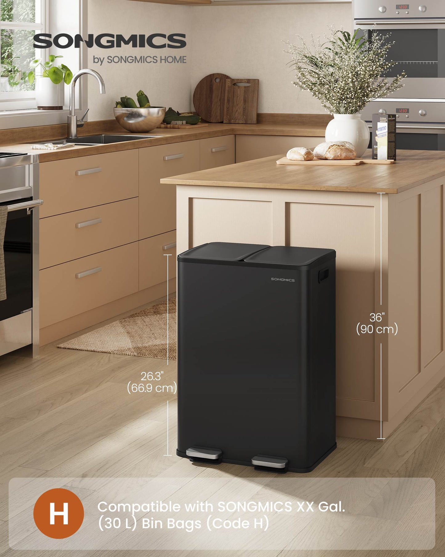 230L Dual Compartment Trash Can, Soft-Close, Pedal, Removable Buckets, Stainless Steel