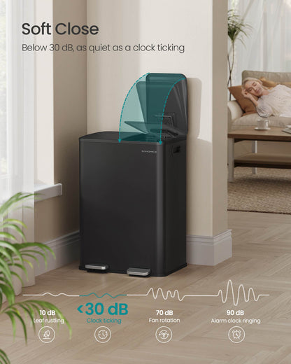 230L Dual Compartment Trash Can, Soft-Close, Pedal, Removable Buckets, Stainless Steel