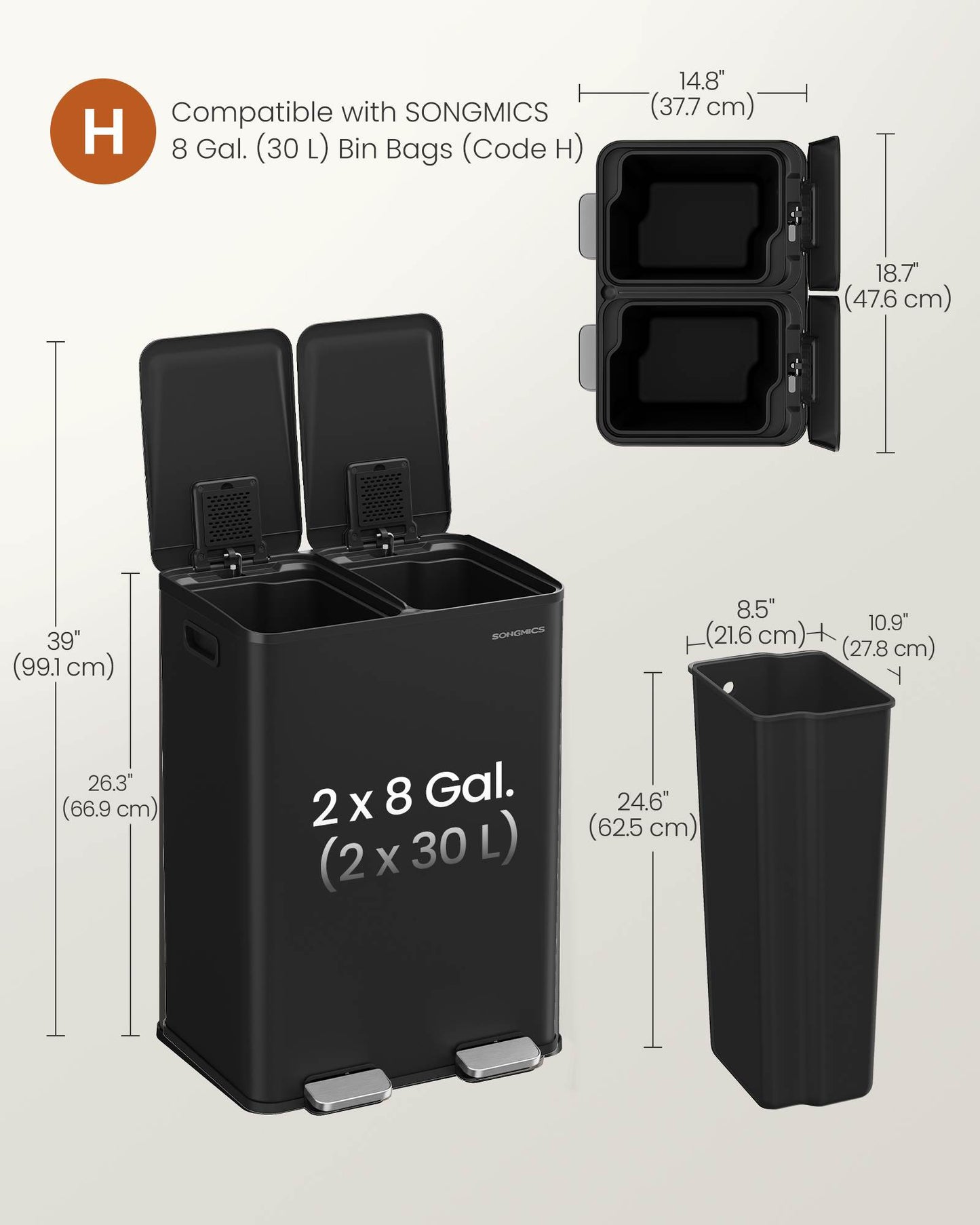 230L Dual Compartment Trash Can, Soft-Close, Pedal, Removable Buckets, Stainless Steel
