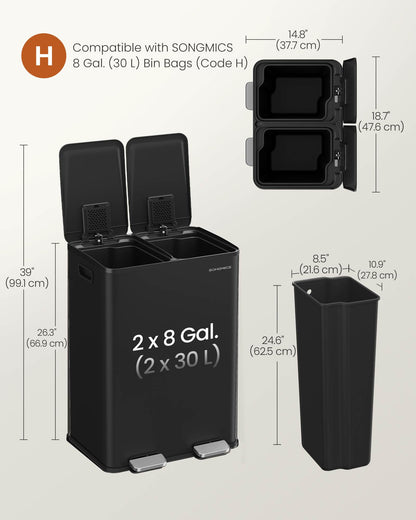 230L Dual Compartment Trash Can, Soft-Close, Pedal, Removable Buckets, Stainless Steel
