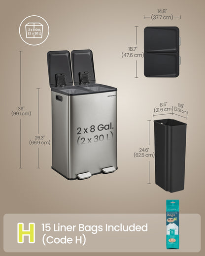 60L Dual Compartment Pedal Bin with Soft-Close Lid, 2 x 30L, Black - image 29