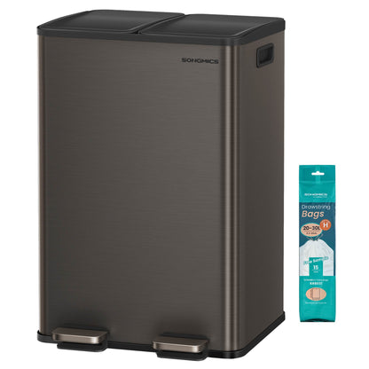 28 Gal (230L) Dual Trash Can, Soft-Close, Pedal, Stainless Steel, Gray