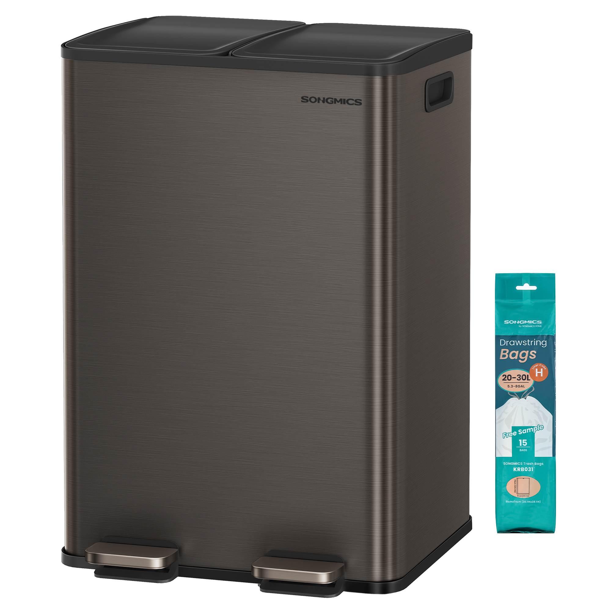 28 Gal (230L) Dual Trash Can, Soft-Close, Pedal, Stainless Steel, Gray