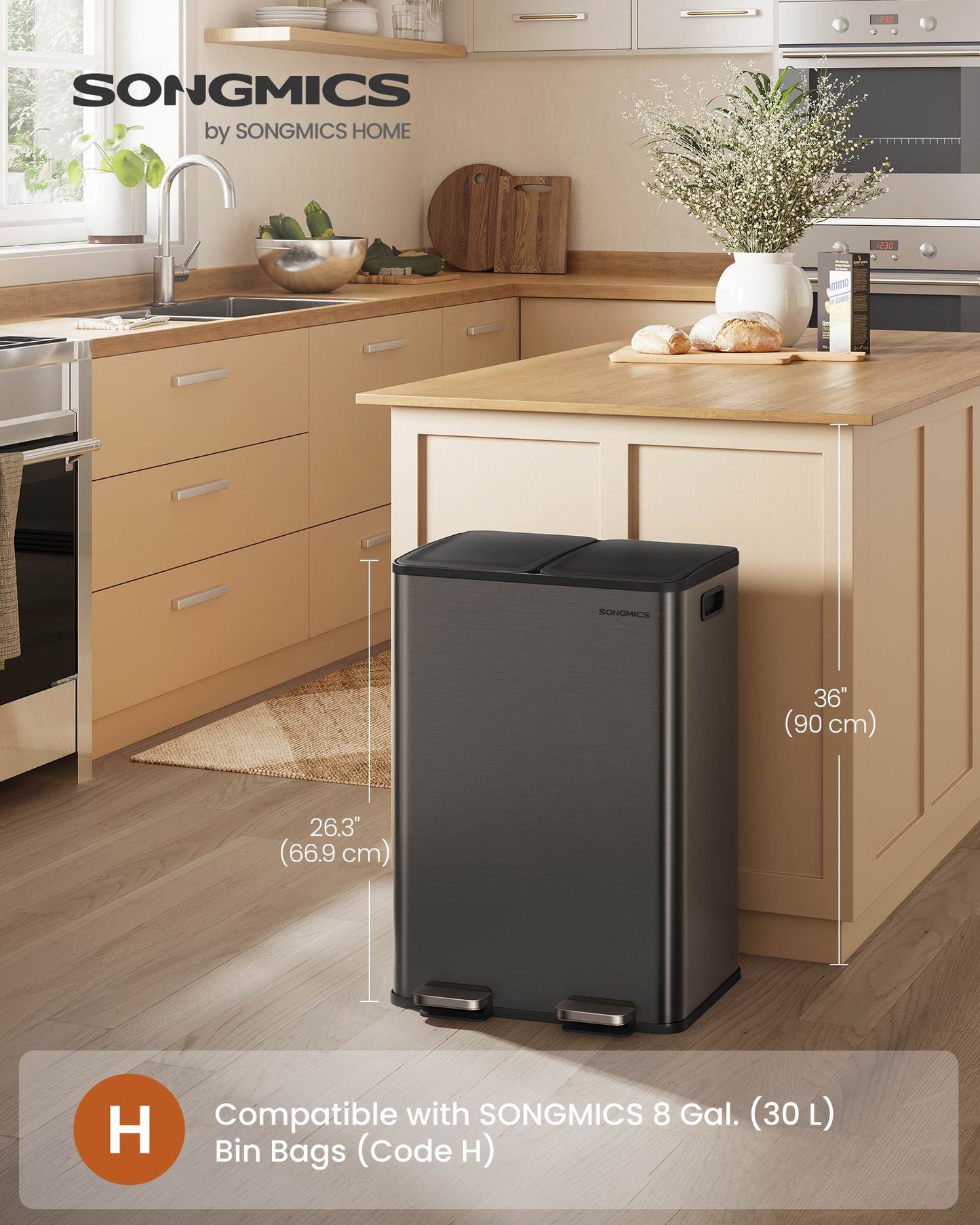 28 Gal (230L) Dual Trash Can, Soft-Close, Pedal, Stainless Steel, Gray