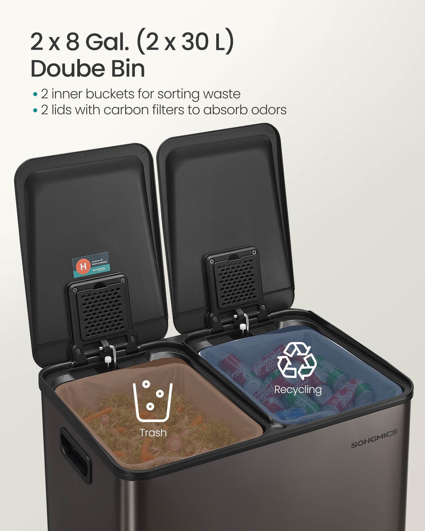28 Gal (230L) Dual Trash Can, Soft-Close, Pedal, Stainless Steel, Gray