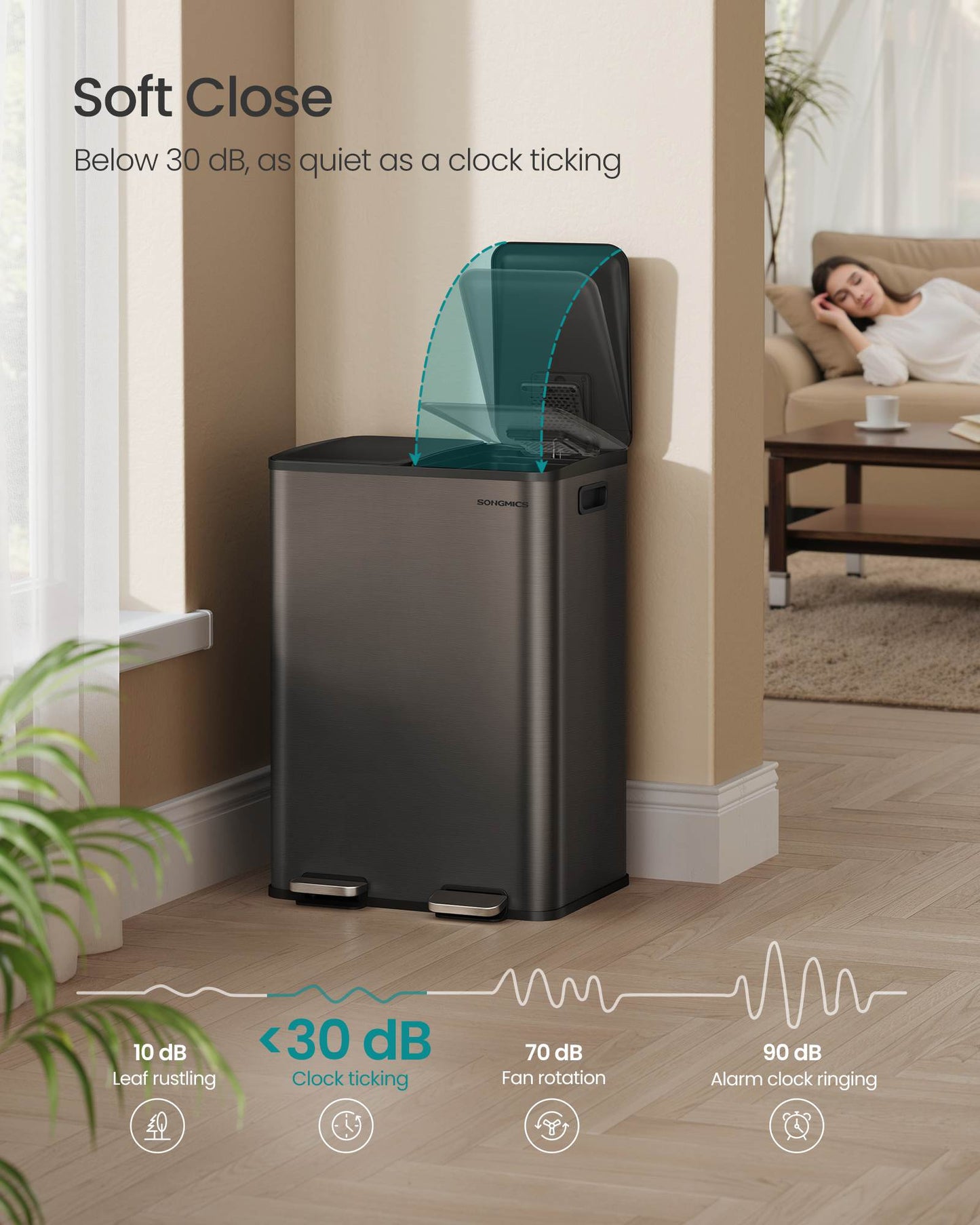 28 Gal (230L) Dual Trash Can, Soft-Close, Pedal, Stainless Steel, Gray
