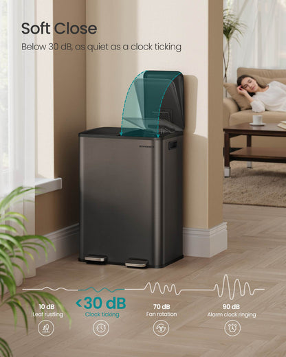 28 Gal (230L) Dual Trash Can, Soft-Close, Pedal, Stainless Steel, Gray