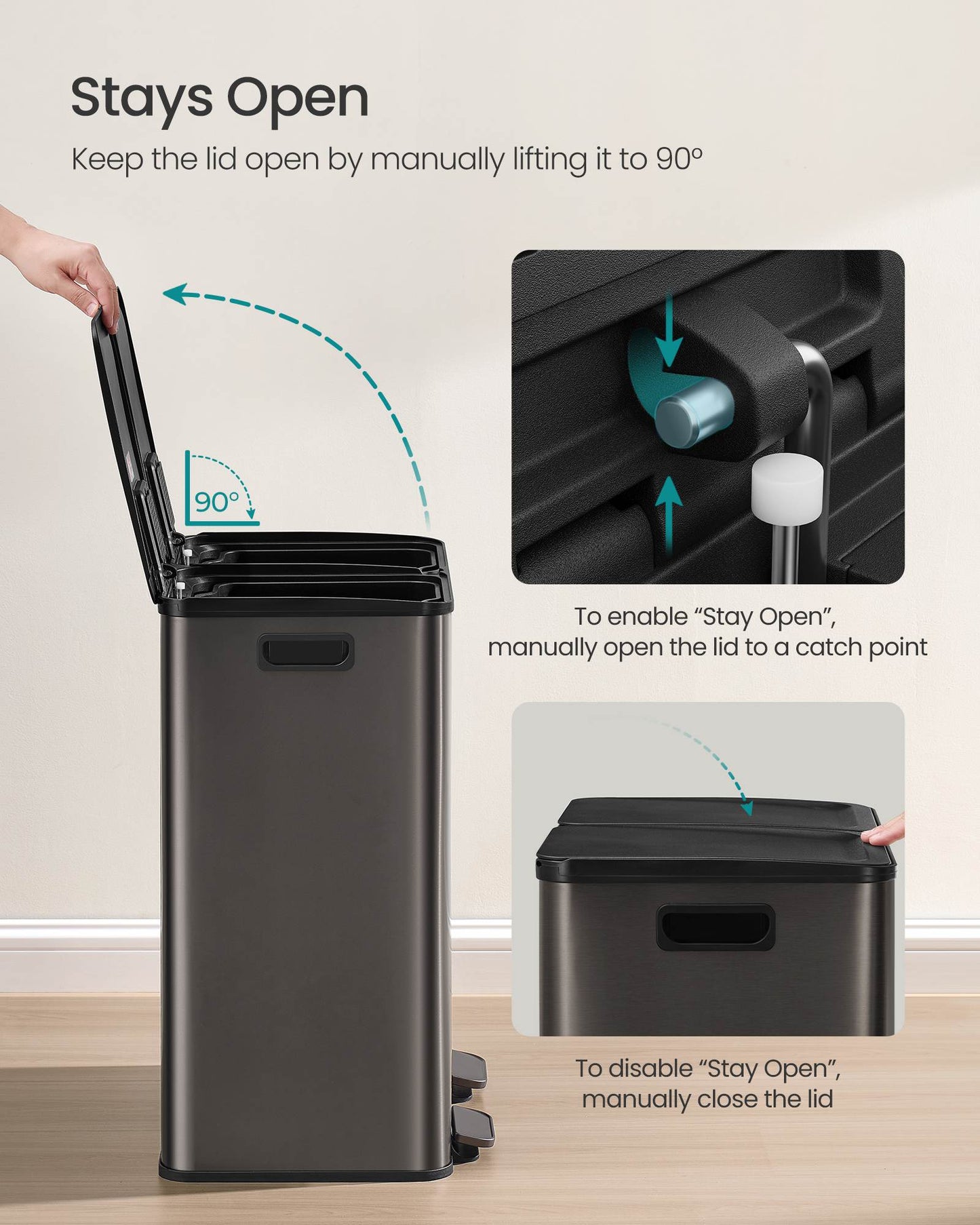 28 Gal (230L) Dual Trash Can, Soft-Close, Pedal, Stainless Steel, Gray